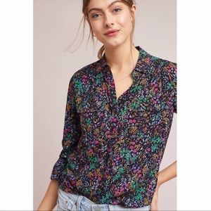 Maeve Anthropologie Colorful Floral Print on Black Button Front Blouse Sz 2